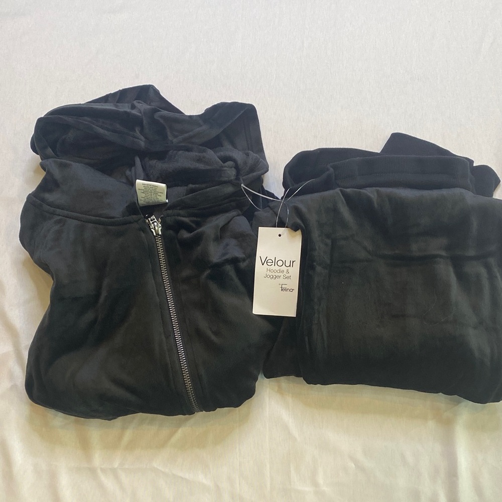 Black Velour Hoodie and Joggers Set by Felina